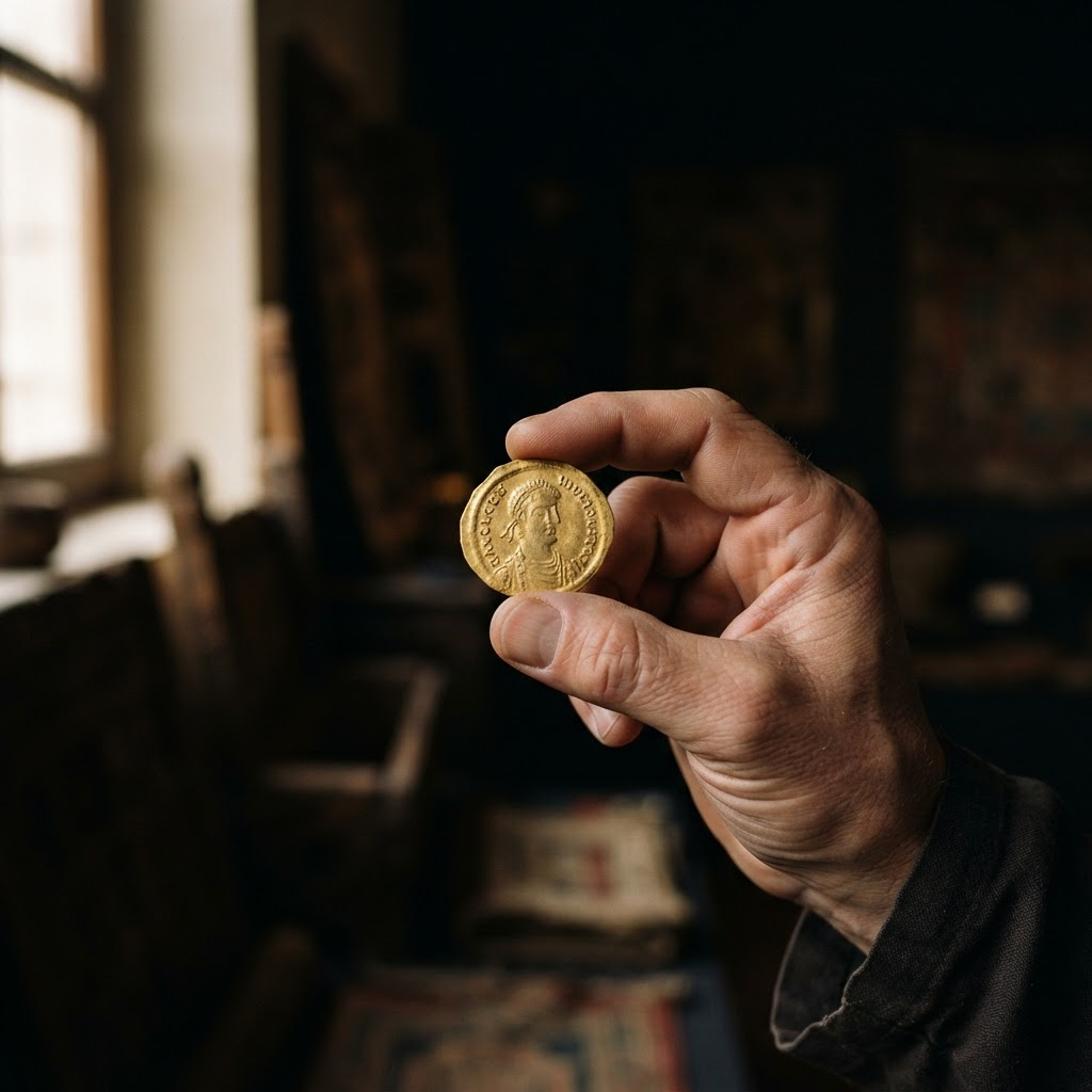 A hand holding an antique gold coin in soft window light