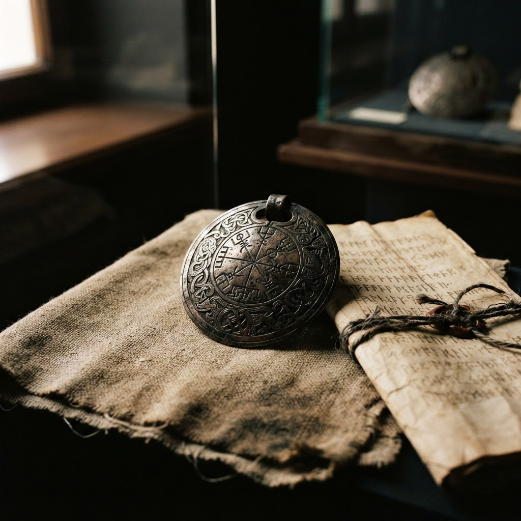 A handcrafted engraved metal artifact resting on aged linen beside parchment